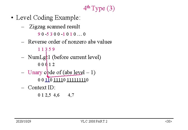 4 th Type (3) • Level Coding Example: – Zigzag scanned result 9 0