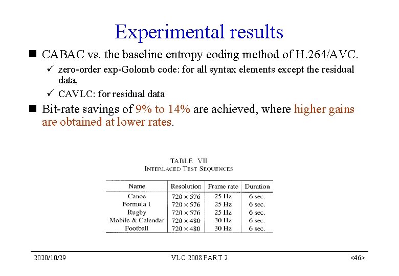 Experimental results n CABAC vs. the baseline entropy coding method of H. 264/AVC. ü Experimental results n CABAC vs. the baseline entropy coding method of H. 264/AVC. ü