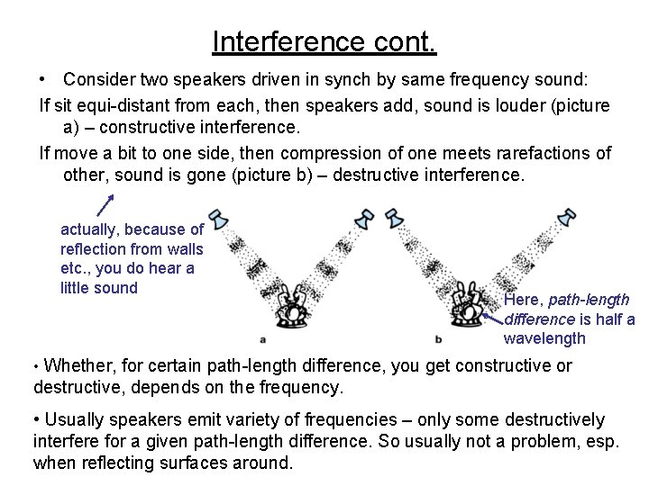 Interference cont. • Consider two speakers driven in synch by same frequency sound: If