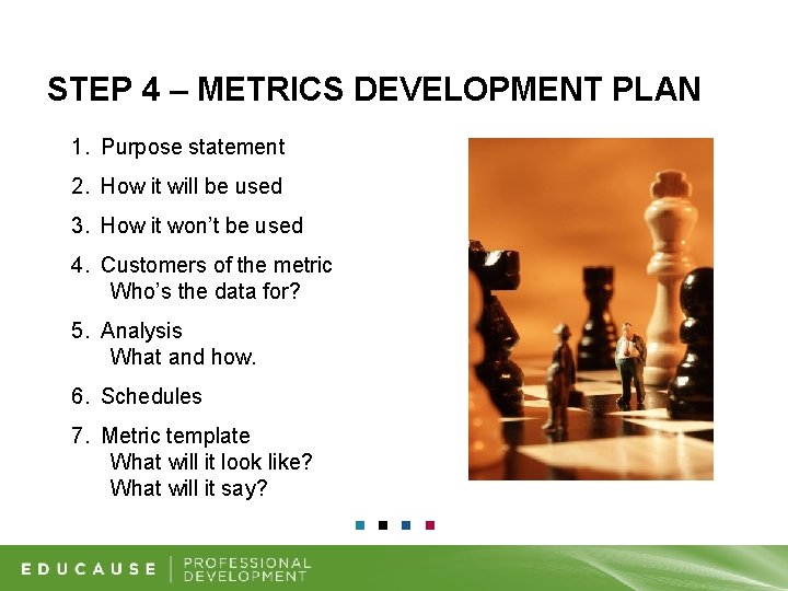 STEP 4 – METRICS DEVELOPMENT PLAN 1. Purpose statement 2. How it will be