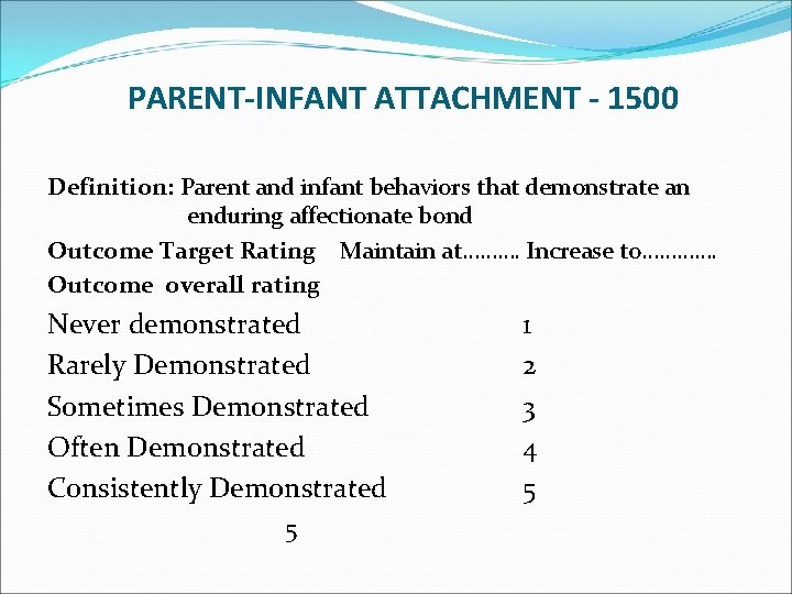 PARENT-INFANT ATTACHMENT - 1500 Definition: Parent and infant behaviors that demonstrate an enduring affectionate