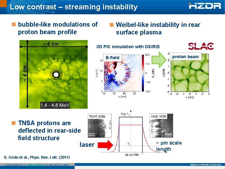 Low contrast – streaming instability bubble-like modulations of proton beam profile ~ 4 cm