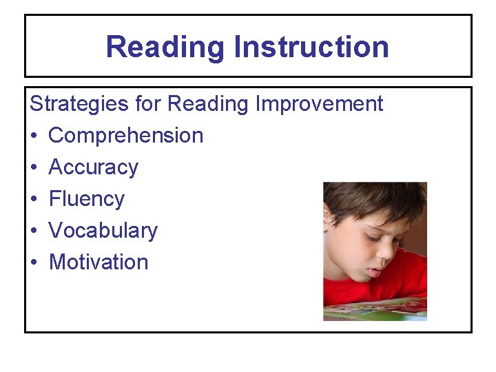 Reading Instruction Strategies for Reading Improvement • Comprehension • Accuracy • Fluency • Vocabulary