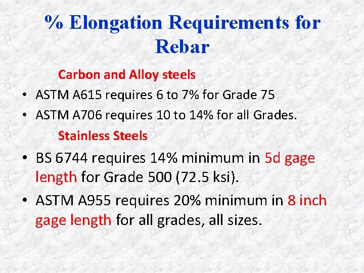 % Elongation Requirements for Rebar Carbon and Alloy steels • ASTM A 615 requires % Elongation Requirements for Rebar Carbon and Alloy steels • ASTM A 615 requires