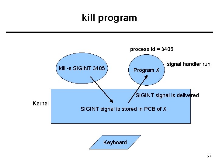 kill program process id = 3405 kill -s SIGINT 3405 Program X signal handler