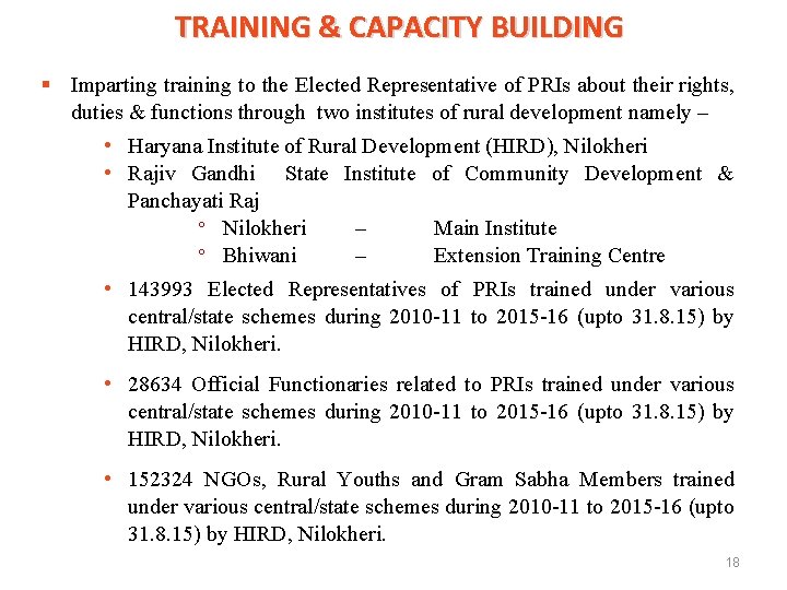TRAINING & CAPACITY BUILDING § Imparting training to the Elected Representative of PRIs about