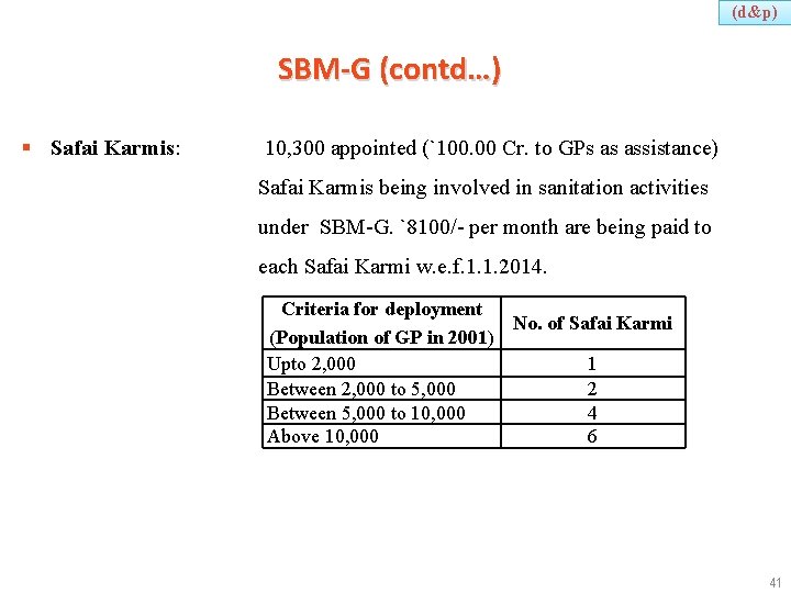 (d&p) SBM-G (contd…) § Safai Karmis: 10, 300 appointed (`100. 00 Cr. to GPs