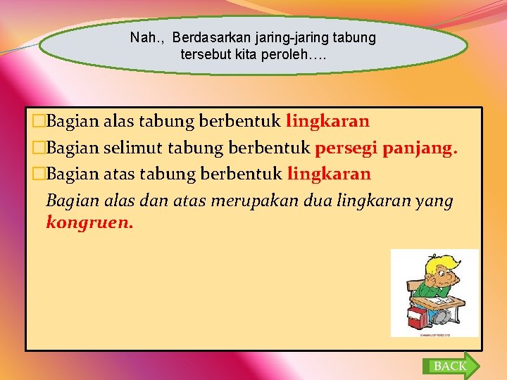 Nah. , Berdasarkan jaring-jaring tabung tersebut kita peroleh…. �Bagian alas tabung berbentuk lingkaran �Bagian