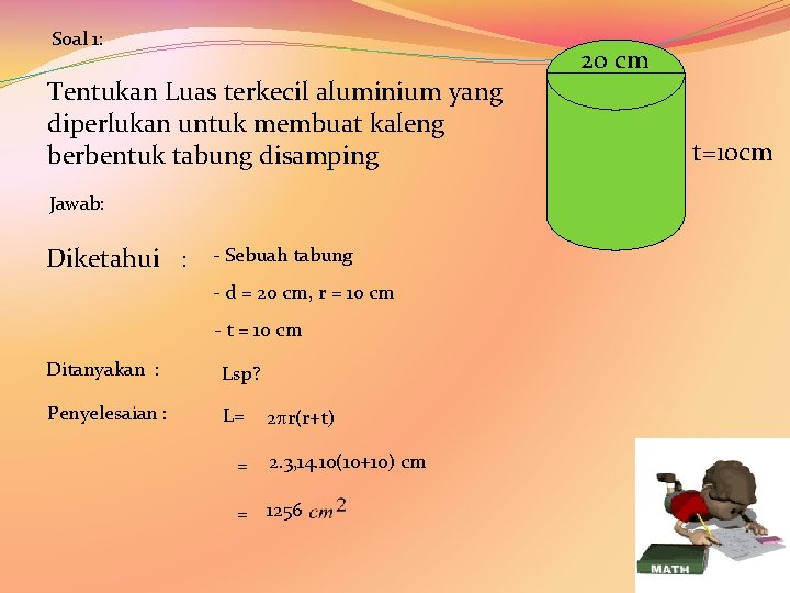 Soal 1: Tentukan Luas terkecil aluminium yang diperlukan untuk membuat kaleng berbentuk tabung disamping