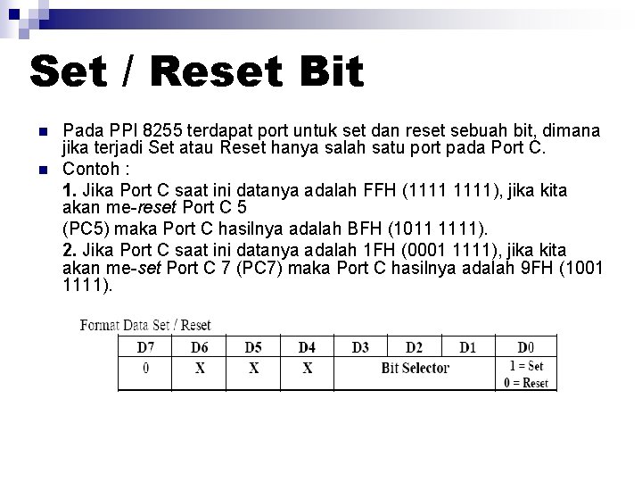 Set / Reset Bit n n Pada PPI 8255 terdapat port untuk set dan Set / Reset Bit n n Pada PPI 8255 terdapat port untuk set dan