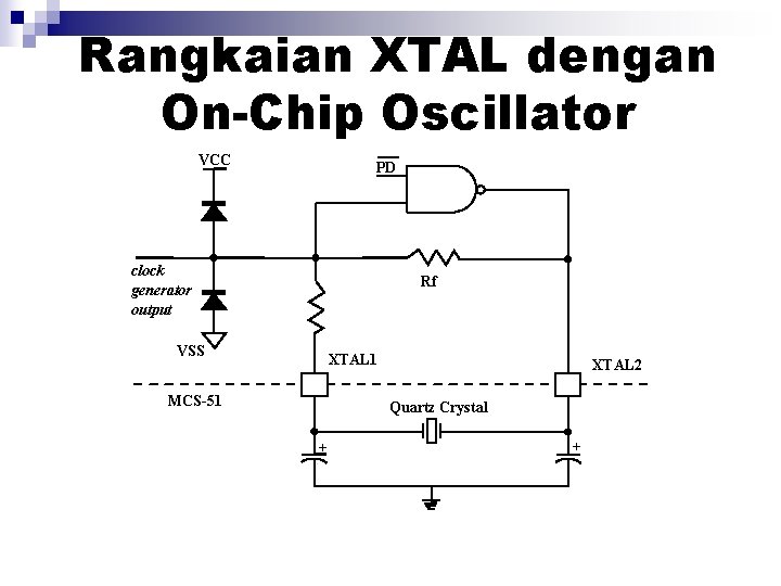 Rangkaian XTAL dengan On-Chip Oscillator VCC PD clock generator output Rf VSS XTAL 1 Rangkaian XTAL dengan On-Chip Oscillator VCC PD clock generator output Rf VSS XTAL 1