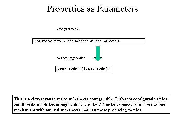 Properties as Parameters configuration file: <xsl: param name=„page. height" select=„ 297 mm"/> fo simple