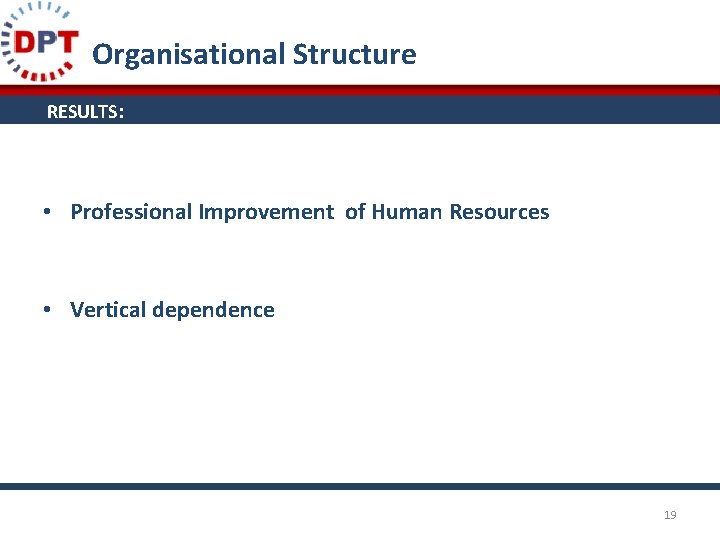 Organisational Structure RESULTS: • Professional Improvement of Human Resources • Vertical dependence 19 