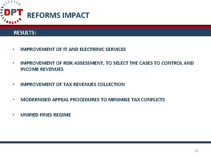 REFORMS IMPACT RESULTS: • IMPROVEMENT OF IT AND ELECTRINIC SERVICES • IMPROVEMENT OF RISK