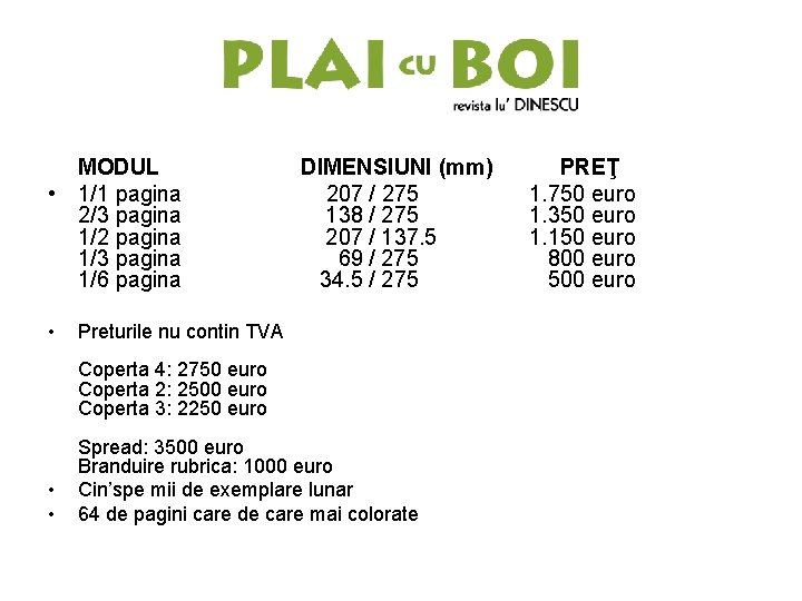 MODUL • 1/1 pagina 2/3 pagina 1/2 pagina 1/3 pagina 1/6 pagina • DIMENSIUNI