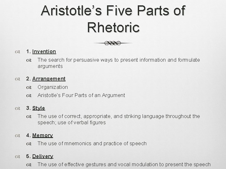 Aristotle’s Five Parts of Rhetoric 1. Invention 2. Arrangement Organization Aristotle’s Four Parts of