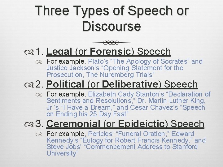 Three Types of Speech or Discourse 1. Legal (or Forensic) Speech For example, Plato’s