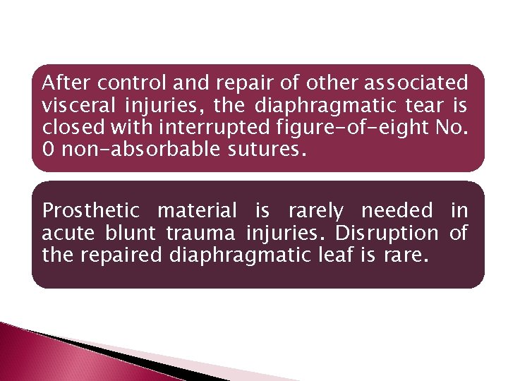 After control and repair of other associated visceral injuries, the diaphragmatic tear is closed