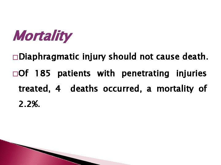Mortality � Diaphragmatic � Of injury should not cause death. 185 patients with penetrating