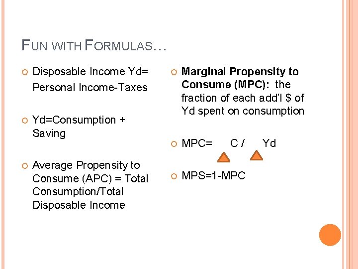 FUN WITH FORMULAS… Disposable Income Yd= Personal Income-Taxes Yd=Consumption + Saving Average Propensity to