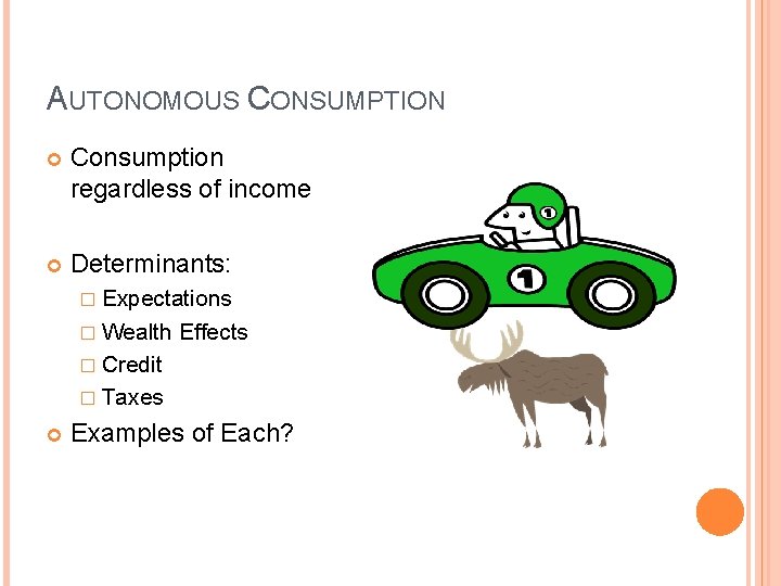 AUTONOMOUS CONSUMPTION Consumption regardless of income Determinants: � Expectations � Wealth Effects � Credit