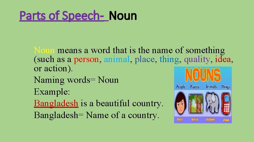 Parts of Speech- Noun means a word that is the name of something (such