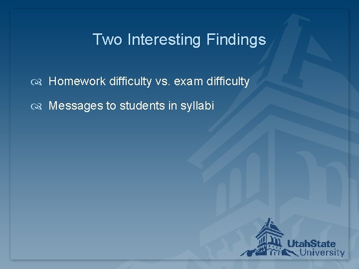 Two Interesting Findings Homework difficulty vs. exam difficulty Messages to students in syllabi 