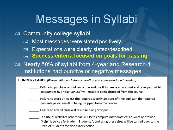 Messages in Syllabi Community college syllabi Most messages were stated positively Expectations were clearly