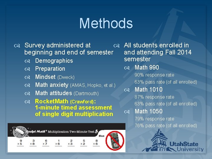 Methods Survey administered at All students enrolled in beginning and end of semester and