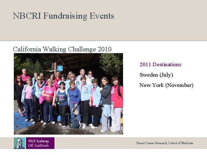 NBCRI Fundraising Events California Walking Challenge 2010 2011 Destinations Sweden (July) New York (November)