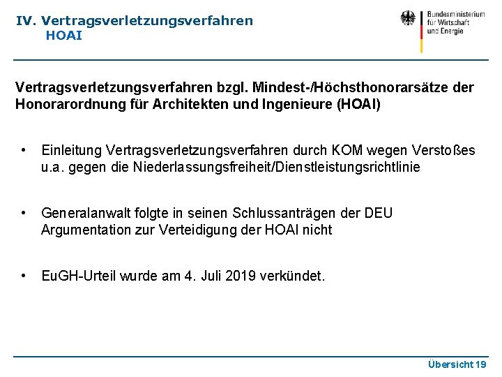 IV. Vertragsverletzungsverfahren HOAI Vertragsverletzungsverfahren bzgl. Mindest-/Höchsthonorarsätze der Honorarordnung für Architekten und Ingenieure (HOAI) •