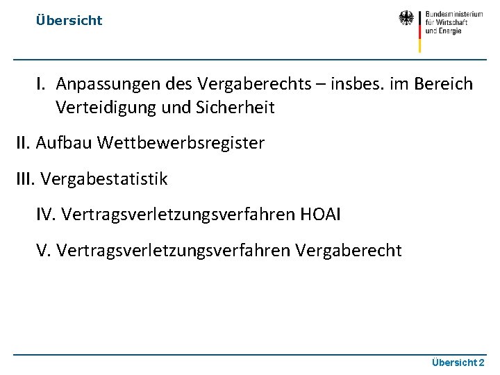 Übersicht I. Anpassungen des Vergaberechts – insbes. im Bereich Verteidigung und Sicherheit II. Aufbau
