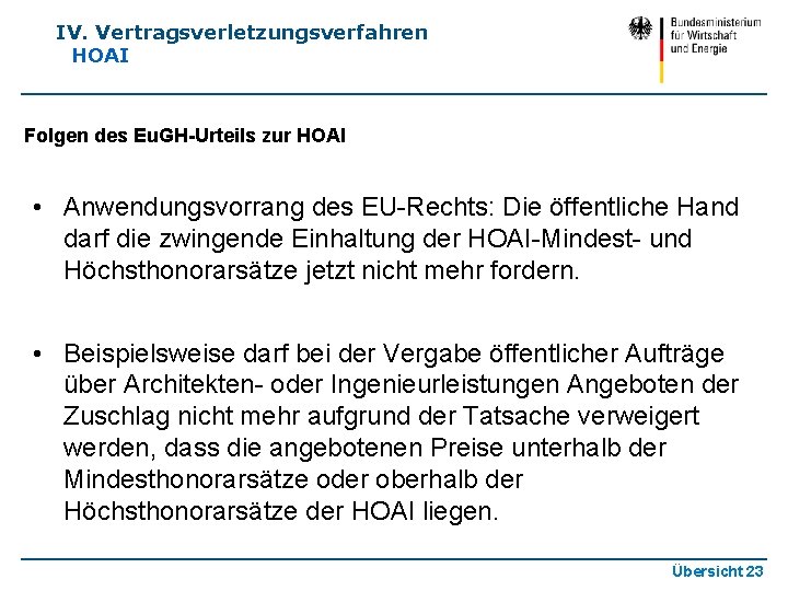 IV. Vertragsverletzungsverfahren HOAI Folgen des Eu. GH-Urteils zur HOAI • Anwendungsvorrang des EU-Rechts: Die