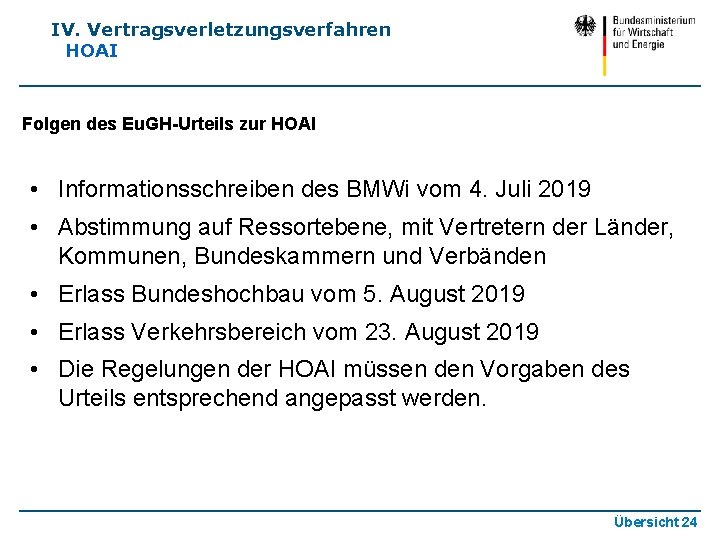 IV. Vertragsverletzungsverfahren HOAI Folgen des Eu. GH-Urteils zur HOAI • Informationsschreiben des BMWi vom