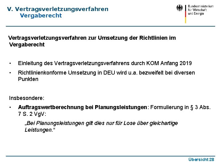 V. Vertragsverletzungsverfahren Vergaberecht Vertragsverletzungsverfahren zur Umsetzung der Richtlinien im Vergaberecht • Einleitung des Vertragsverletzungsverfahrens