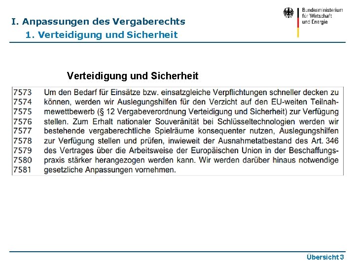 I. Anpassungen des Vergaberechts 1. Verteidigung und Sicherheit Übersicht 3 