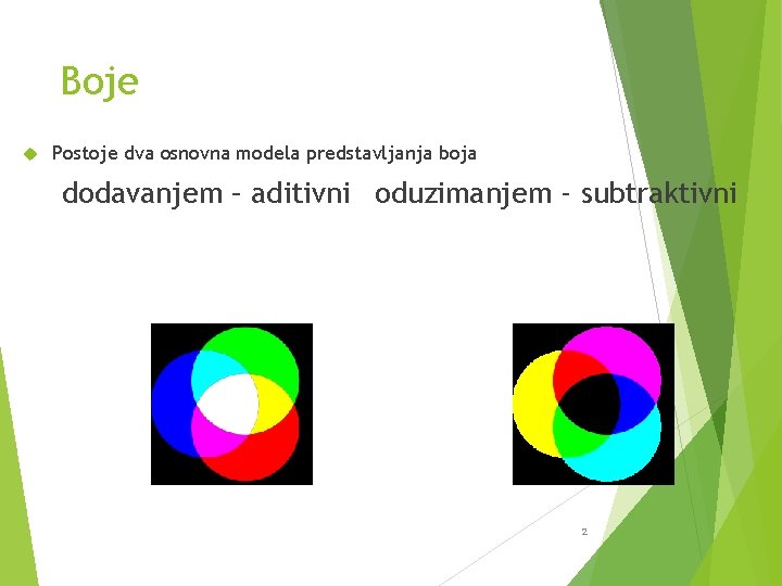 Boje Postoje dva osnovna modela predstavljanja boja dodavanjem – aditivni oduzimanjem - subtraktivni 2