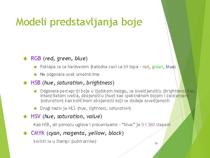 Modeli predstavljanja boje RGB (red, green, blue) Poklapa se sa hardverom (katodne cevi sa