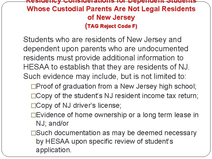 Residency Considerations for Dependent Students Whose Custodial Parents Are Not Legal Residents of New