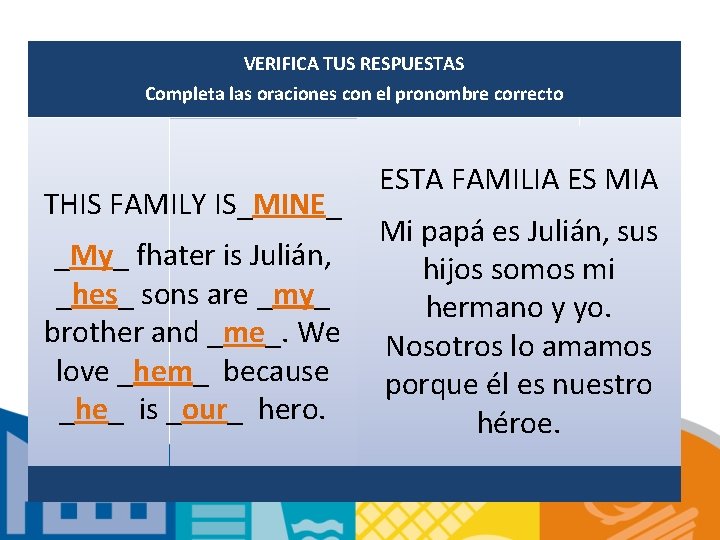 VERIFICA TUS RESPUESTAS Completa las oraciones con el pronombre correcto THIS FAMILY IS_MINE_ _My_