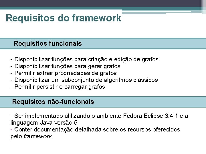 Requisitos do framework Requisitos funcionais - Disponibilizar funções para criação e edição de grafos