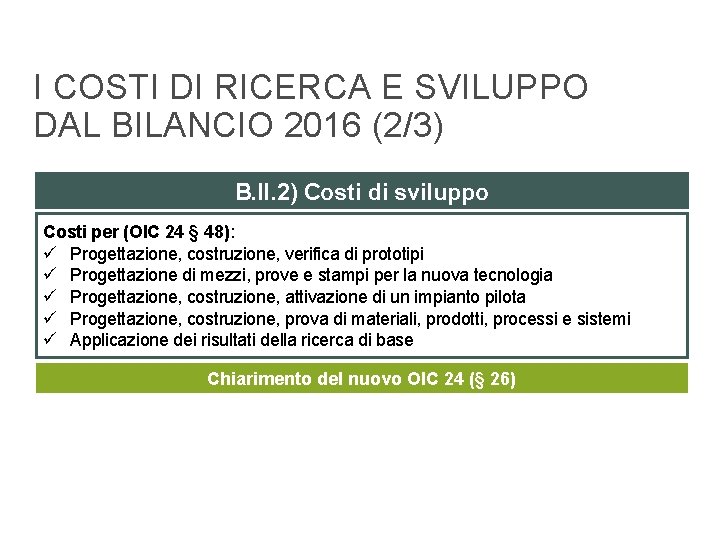 I COSTI DI RICERCA E SVILUPPO DAL BILANCIO 2016 (2/3) B. II. 2) Costi