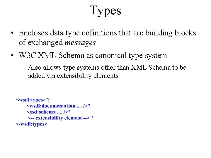 Types • Encloses data type definitions that are building blocks of exchanged messages •