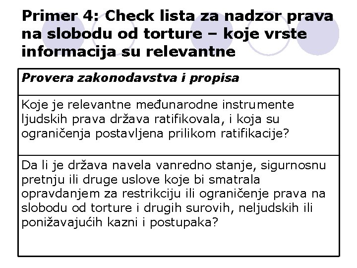 Primer 4: Check lista za nadzor prava na slobodu od torture – koje vrste