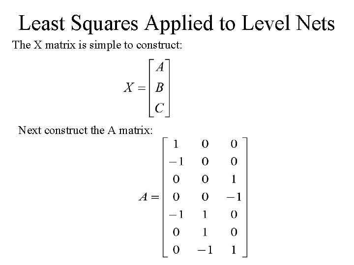 Least Squares Applied to Level Nets The X matrix is simple to construct: Next