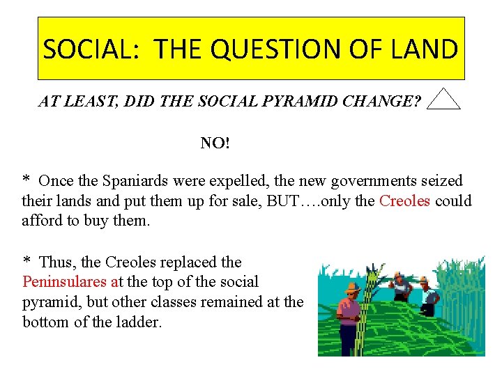 SOCIAL: THE QUESTION OF LAND AT LEAST, DID THE SOCIAL PYRAMID CHANGE? NO! *