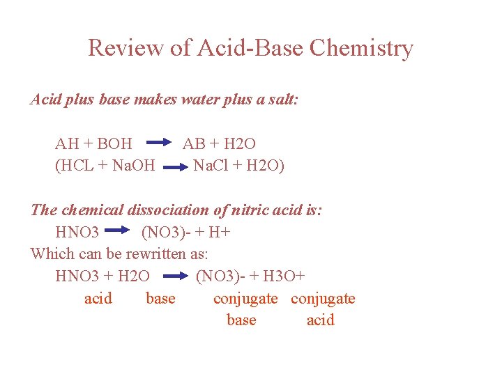 Review of Acid-Base Chemistry Acid plus base makes water plus a salt: AH +