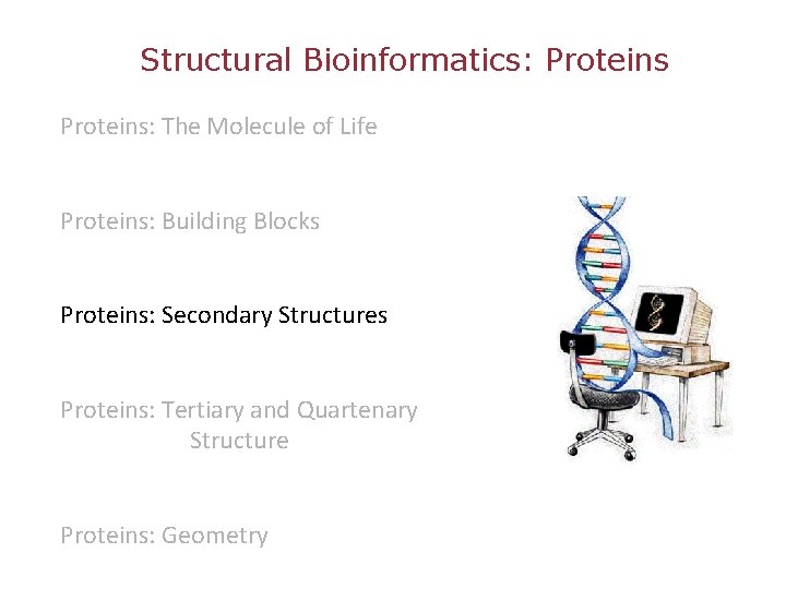 Structural Bioinformatics: Proteins: The Molecule of Life Proteins: Building Blocks Proteins: Secondary Structures Proteins: