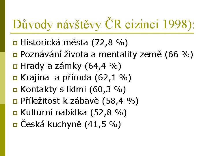 Důvody návštěvy ČR cizinci 1998): Historická města (72, 8 %) p Poznávání života a