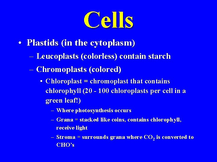 Cells • Plastids (in the cytoplasm) – Leucoplasts (colorless) contain starch – Chromoplasts (colored)